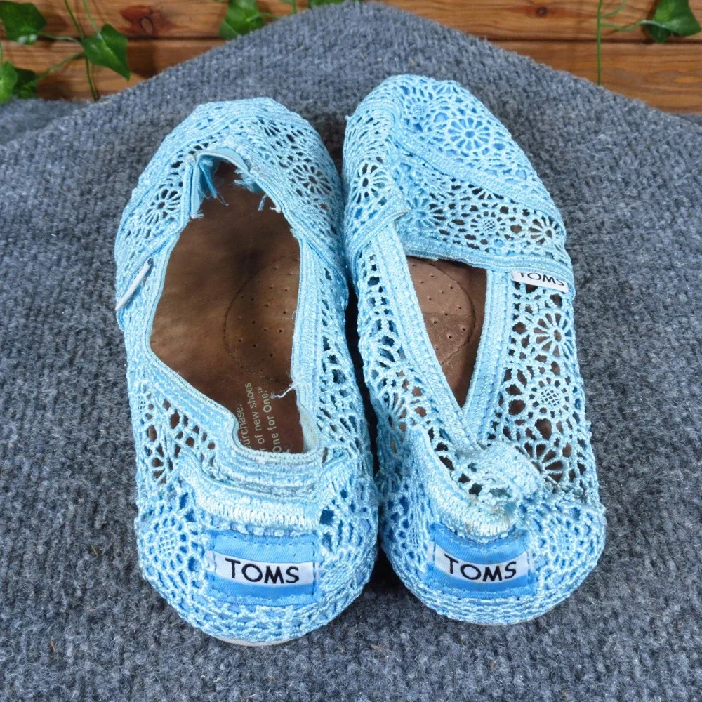 Toms Classics Crochet Women Flat Sz 6.5 Casual‎ Summer Slip-On Light Blue Fabric